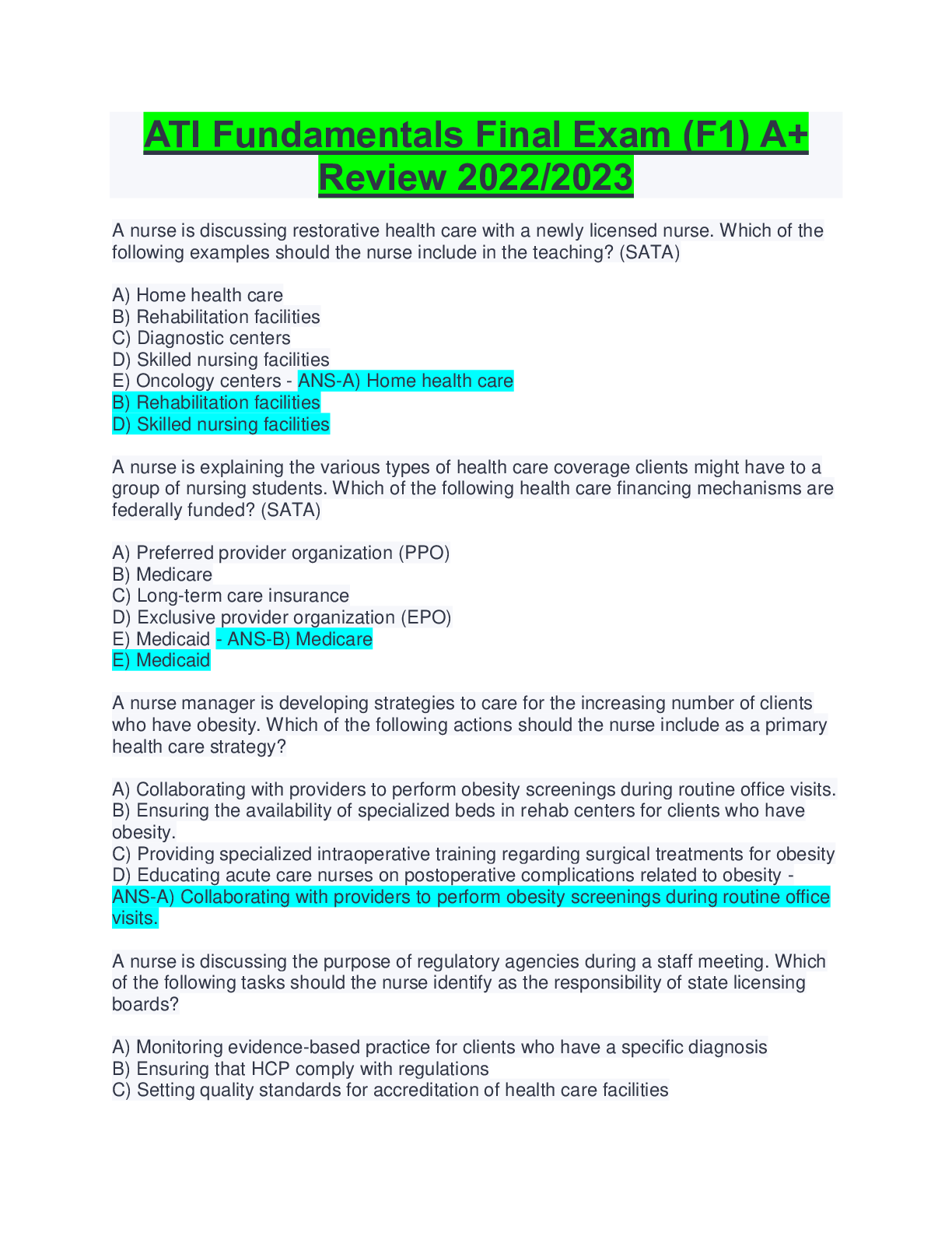 Preview image for ATI Fundamentals Final Exam (F1) A+  Review 2022/2023